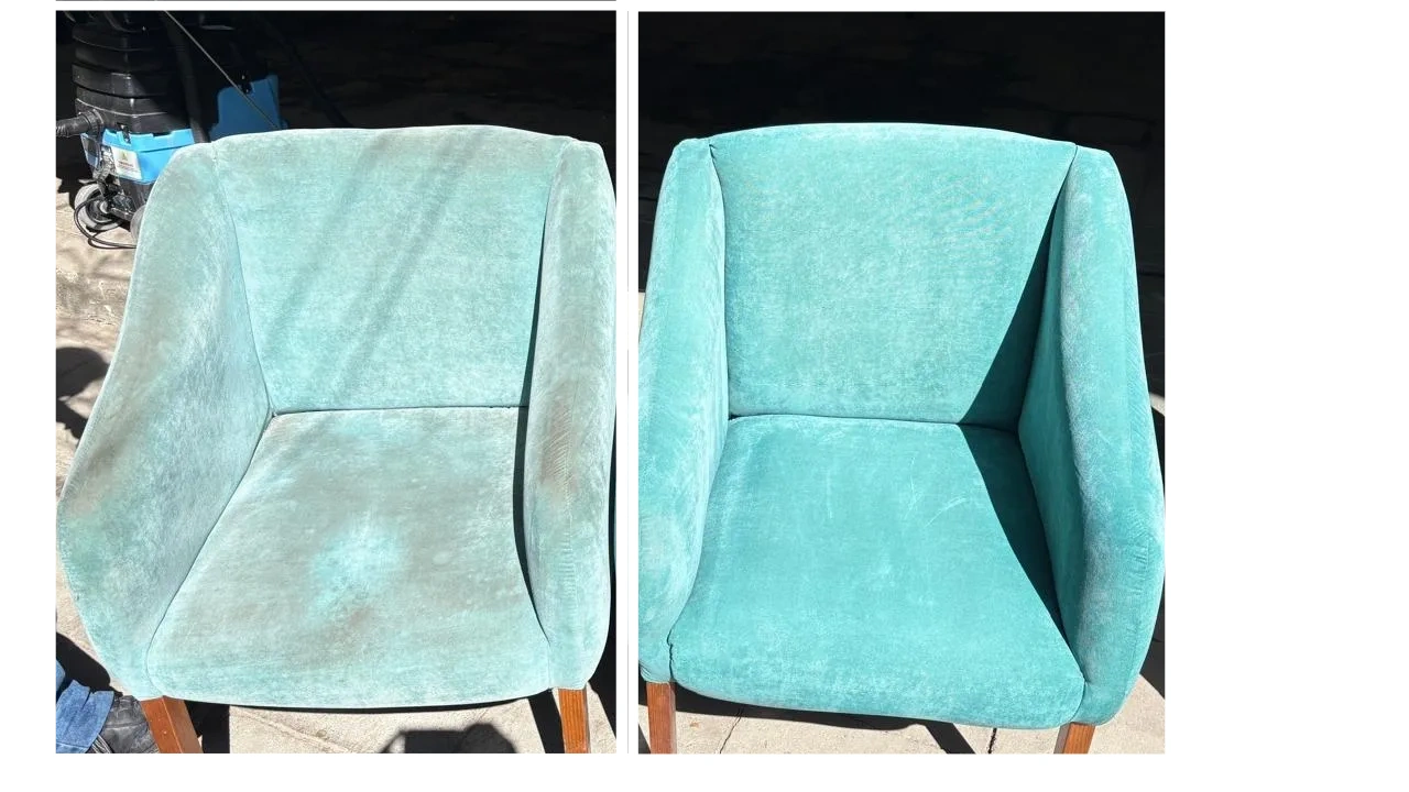 Antes y después — silla tapizada turquesa